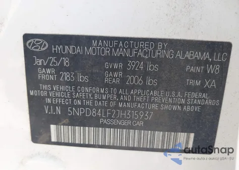 2018 Hyundai Elantra Sel z USA, uszkodzony, nr VIN 5NPD84LF2JH315937